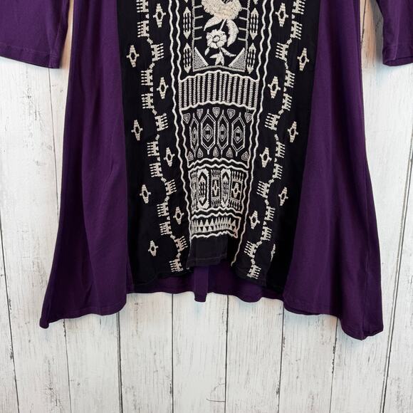 Johnny Was Dark Purple Embroidered 3/4 Sleeve Tunic Boho Cupra Cotton Size Small - Picture 4 of 16